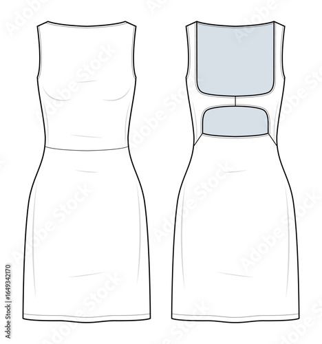 Cut-Out Back Sleeveless Dress Technical Fashion Illustration. Fitted Knee-Length Dress with Contrast Back Panel Vector Template. Front and Back View. Women’s Wear. Blank CAD Mockup.