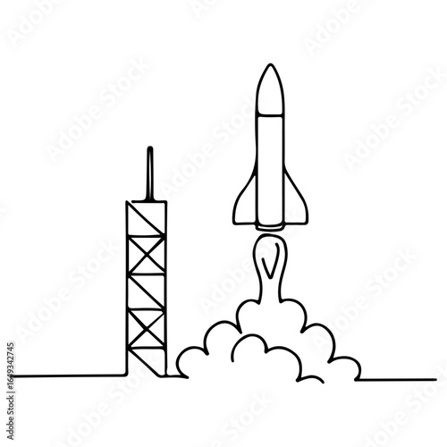 Continuous Line Drawing of Rocket Launch – Minimalist Space Shuttle Illustration