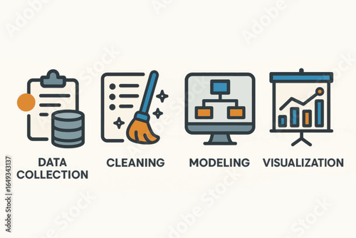 Vector flat illustration of data science process including data collection, cleaning, modeling, and visualization. Colorful icon set representing workflow steps in analytics and machine learning.