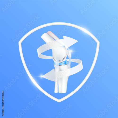 Arrow revolve around artificial joint replace within white shield frame. Knee replacement surgery total or bone cartilage implant for treatment relieve arthritis. Medical technology treatment. vector.
