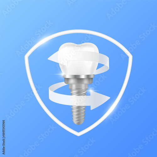 Arrows revolve around dental implant within white shield frame modern on blue background. Human anatomy organ. Medical health care and protection concept. 3D Vector EPS10.