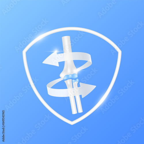 Arrows revolve around elbow bone cartilage joint within white shield frame modern on blue background. Human anatomy organ. Medical health care and protection concept. 3D Vector EPS10.