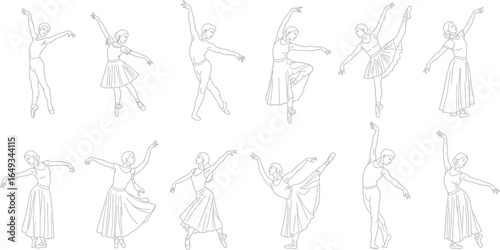 Ballet dancers in various poses, line art on a seamless background
