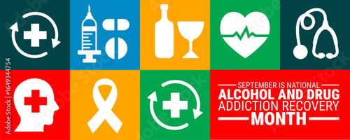 National Alcohol and Drug Addiction Recovery Month Geometric shape pattern background, banner, card or poster design template is observed every year during September.