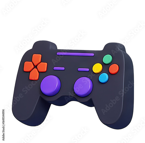 A colorful video game controller with a black background.