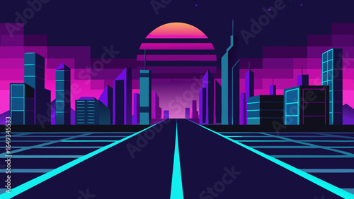 Flat Design Neon Cyber City Street At Night Background