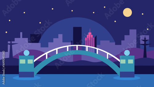 Flat Design Night Bridge Over River With City Lights