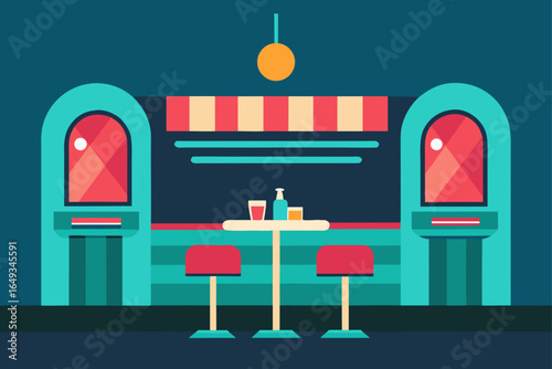 Flat Design Retro Diner Interior With Neon Signs
