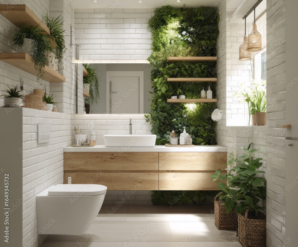 Fototapeta premium Modern bathroom interior design with a lush green wall.