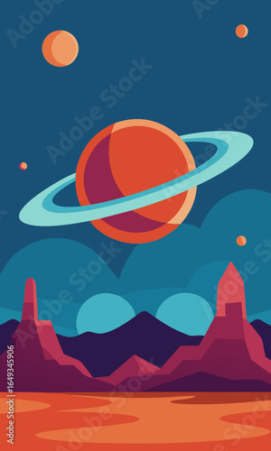 Flat sci fi alien planet landscape with rings