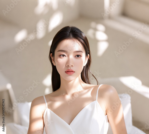 ，Beauty salon model, high-end skincare product modelElegant Asian Woman in White Dress Posing in Sunlight