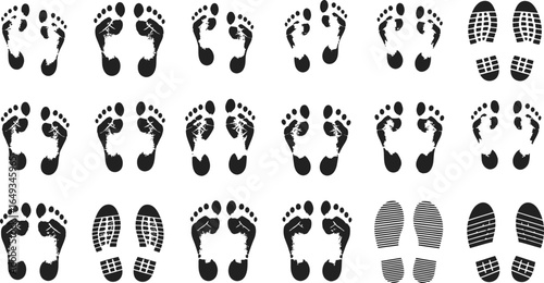 Footprints and Shoe Prints on White, Human Progression Concept