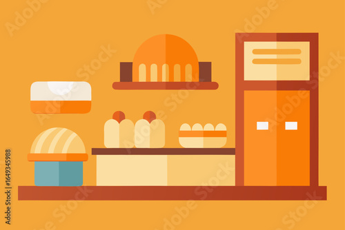 Flat style bakery interior with bread and pastries