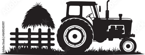 Classic tractor and hay bale silhouette on farm