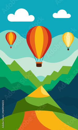 flat style hot air balloons scenic valley