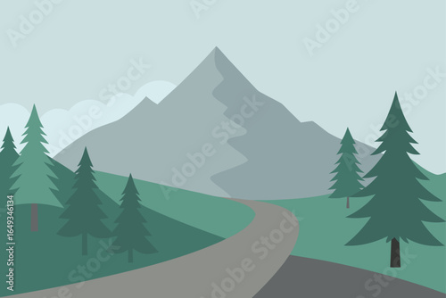 flat style mountain hiking trail pine trees