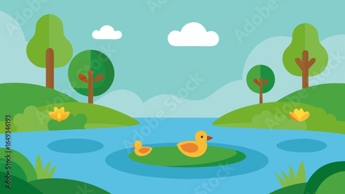 Flat style park pond with ducks and lily pads