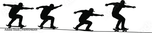 Silhouette sequence of skateboarder performing tricks on street ramp in vector design