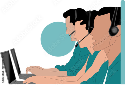 Illustration of three customer service agents wearing headsets and working on laptops. Depicts a modern support team in a tech-driven workplace, highlighting communication and collaboration.