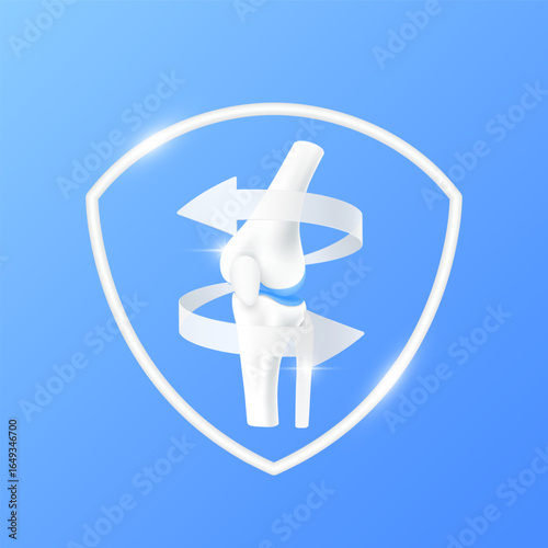 Arrows revolve around knee bone cartilage joint within white shield frame modern on blue background. Human anatomy organ. Medical health care and protection concept. 3D Vector EPS10.