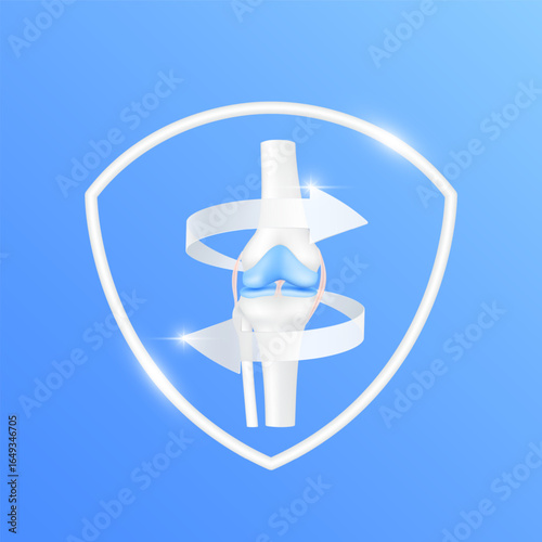 Arrows revolve around knee bone cartilage joint within white shield frame modern on blue background. Human anatomy organ. Medical health care and protection concept. 3D Vector EPS10.