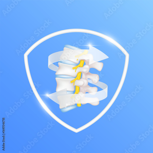 Arrows revolve around nerve and spinal bone cartilage joint within white shield frame modern on blue background. Human anatomy organ. Medical health care and protection concept. 3D Vector EPS10.