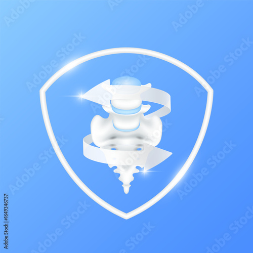 Arrows revolve around sacrum bone cartilage joint within white shield frame modern on blue background. Human anatomy organ. Medical health care and protection concept. 3D Vector EPS10.