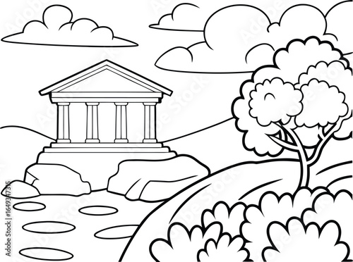 Ancient Greek Temple with Columns and Landscape Coloring Page