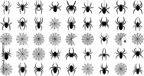 White spiders and webs seamless pattern on black background, halloween