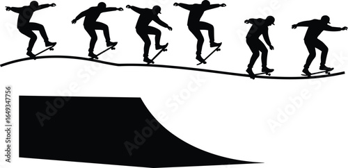 Skateboarder performing tricks sequence silhouette, ramp skating action, extreme sports illustration design