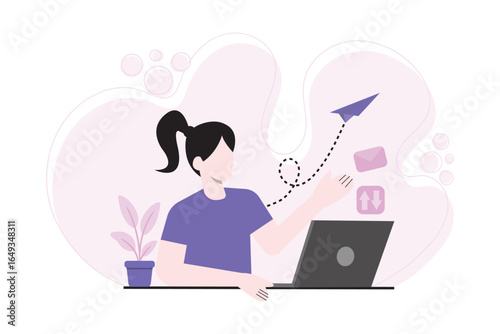 Modern flat illustration of a woman sending digital messages and emails from a laptop, symbolizing communication, networking, and online connectivity.