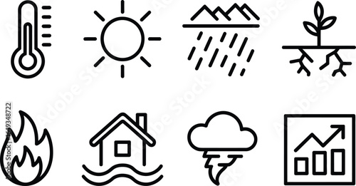 Climate Change Outline Icons Set Weather Signs, Fire, Rain, Thunder, Tree, Temperature