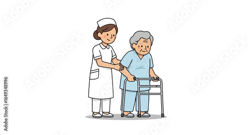 Vector Illustration of Nurse Assisting Elderly Patient with Walker