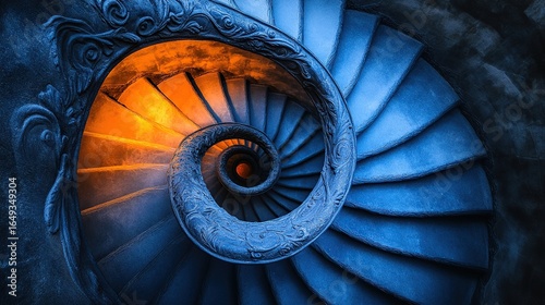 An aerial shot of a spiral staircase in a modern building, looking straight down to create a hypnotic geometric pattern.