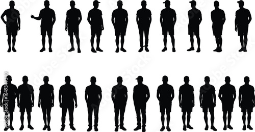 Silhouette, figures, standing, poses, vector, illustration, black, white, human, shapes, casual, wear, caps, shorts, isolated, graphic, design, editable, cad drawing, flat vector illustration