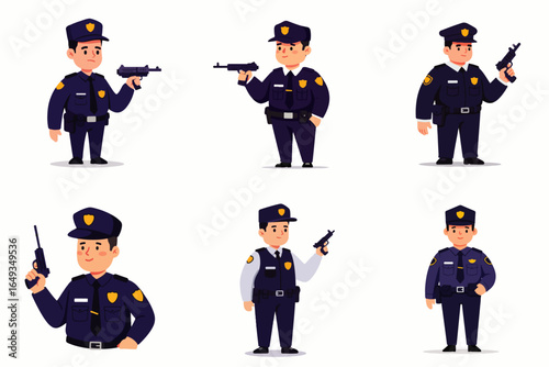 A vector cartoon drawing of a young policeman with a gun and uniform wearing a hat