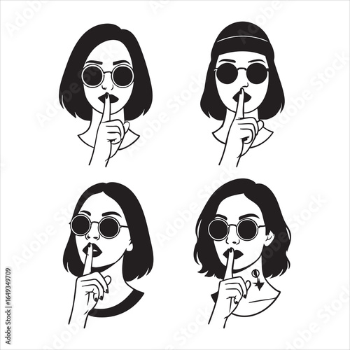 Stylized black and white illustrations of person making “shh” gesture — ideal for quiet expression vector art, secretive pose graphics, and minimalist emotional stock content