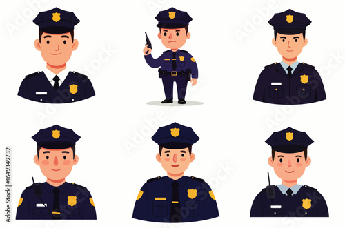 A collection of six cartoon illustrations depicting police officers in various poses and expressions.