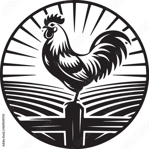 Bold rooster heralds dawn over stylized farm fields