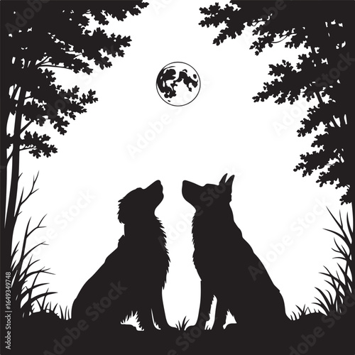 Two dogs gaze at full moon under trees at night
