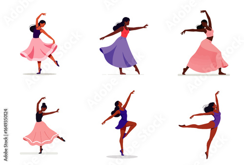 A set of dancing girls in elegant black ballet dancer silhouettes with flowing hair and graceful bodies