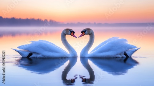 Fototapeta Naklejka Na Ścianę i Meble -  Two swans create a heart shape during sunrise.