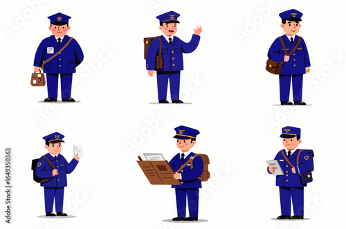 Six cartoon postal workers in various poses, delivering mail and holding packages.