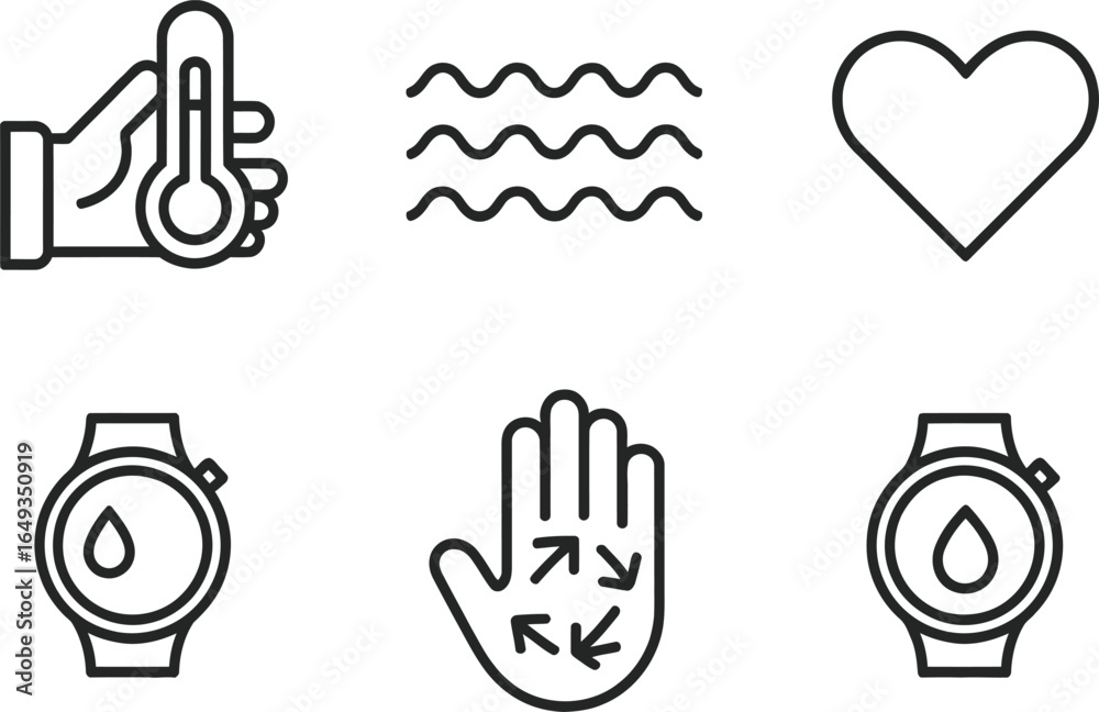 Obraz premium Collection of Health Icons Temperature in Hand, Waves, Heart, Smartwatch, Arrows
