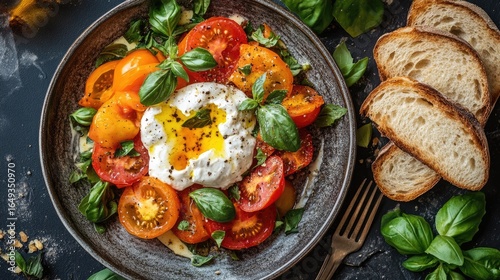 Caprese salad with golden heirloom tomatoes, fresh basil, and burrata cheese, served with rustic bread slices on the side. Top-down shot.