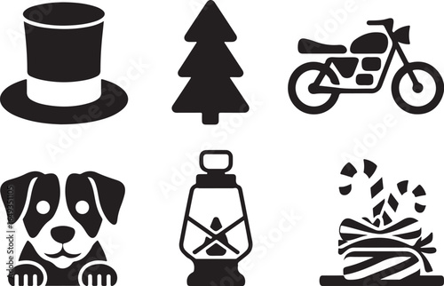 Whimsical icons: top hat, tree, motorcycle, dog, lantern, gift