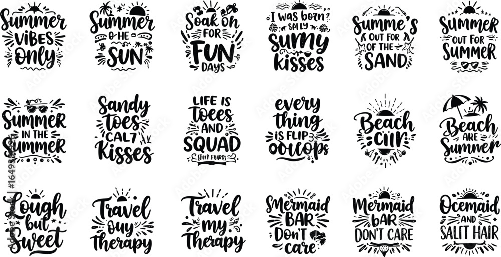 Fototapeta premium Summer quotes bundle, beach vacation typography, travel inspiration sayings, vector graphic design set
