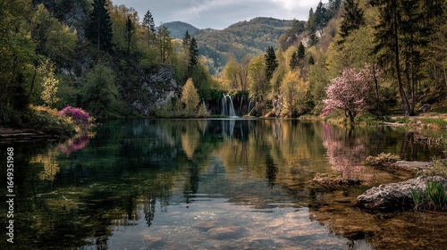 Serene lake, waterfall, and forest reflections