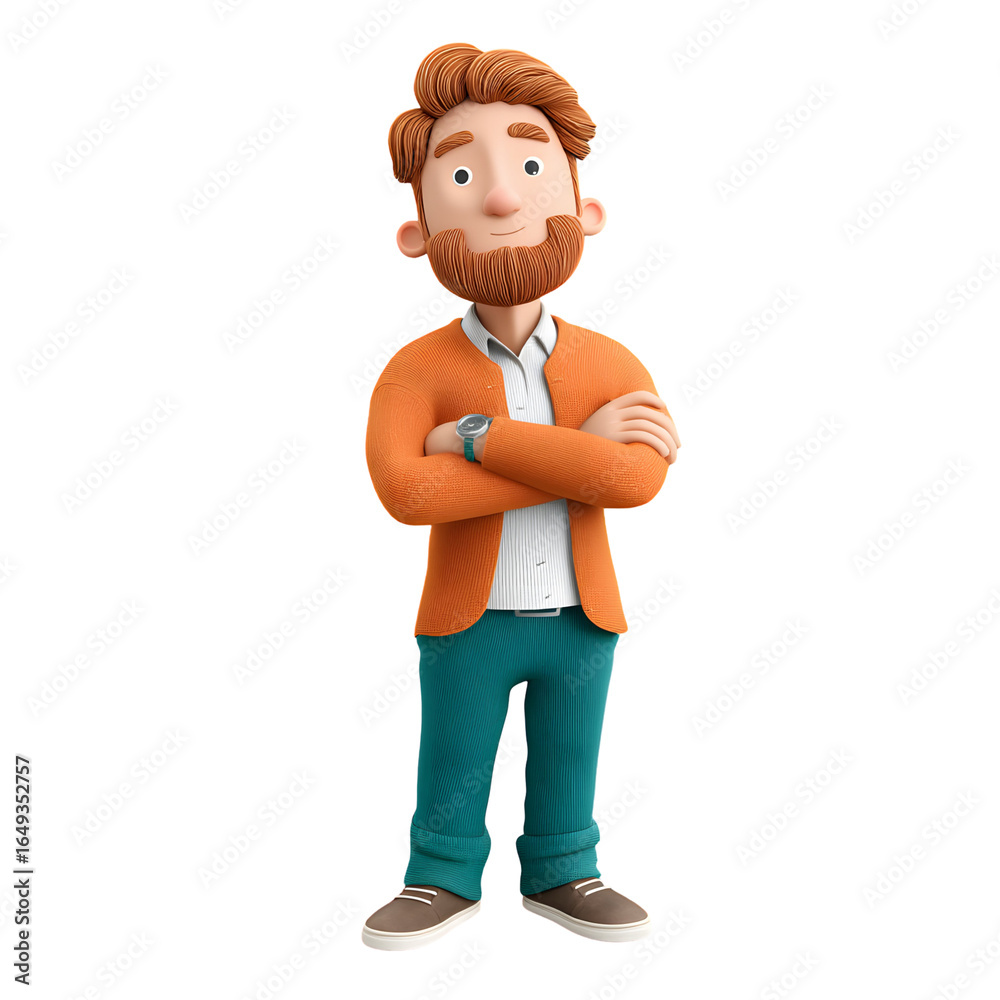 Obraz premium Confident Cartoon Man with Crossed Arms: 3D Character on Transparent Background