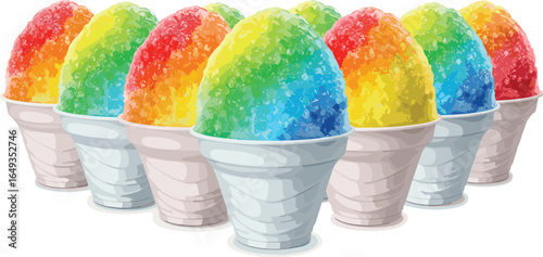 Colorful rainbow shaved ice cones, vibrant summer treats, refreshing icy desserts, delicious snow cone illustration, fun and festive design, hot weather refreshment